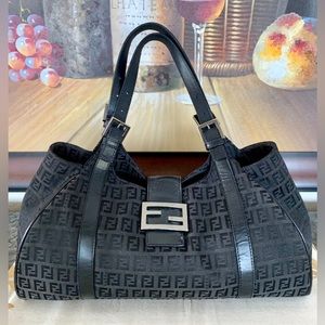 FENDI Zucchino Canvas Mamma Baguette Shoulder Bag Black with Silver Hardware